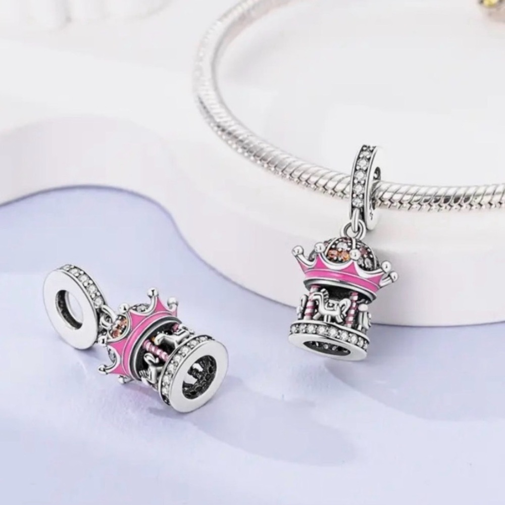 925 Charming Pink and Silver Carousel Charm Pendant - Picture 2 of 7